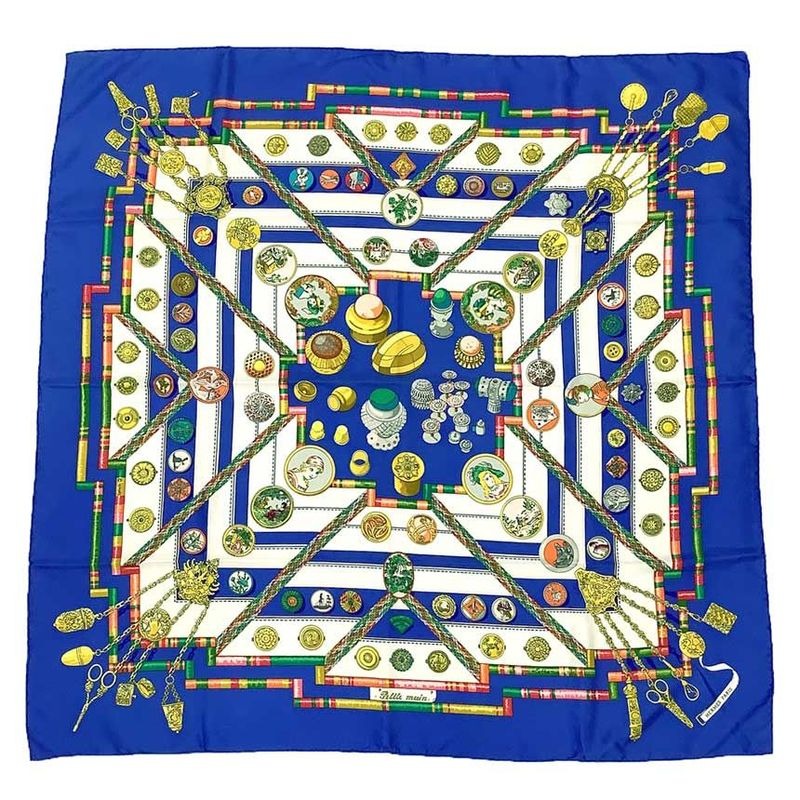 Hermes Carre 90 Petite Main Seamstress Sewing Tools Blue Scarf