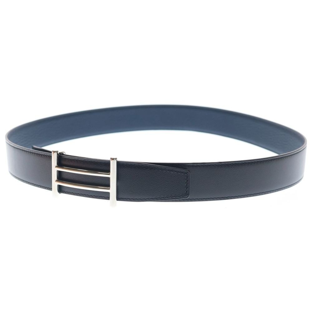 Hermes Rider-h Buckle Leather Belt Reversible Black Navy