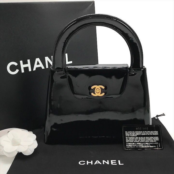 Chanel CC Logo Turnlock Patent Hand Bag Black Bag