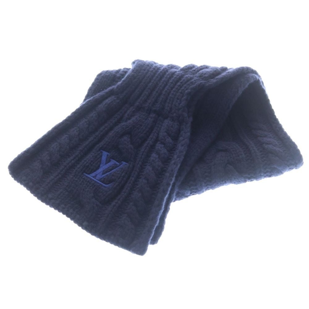 Louis Vuitton Embroidery Logo Wool Knit Shawl Scarf Navy