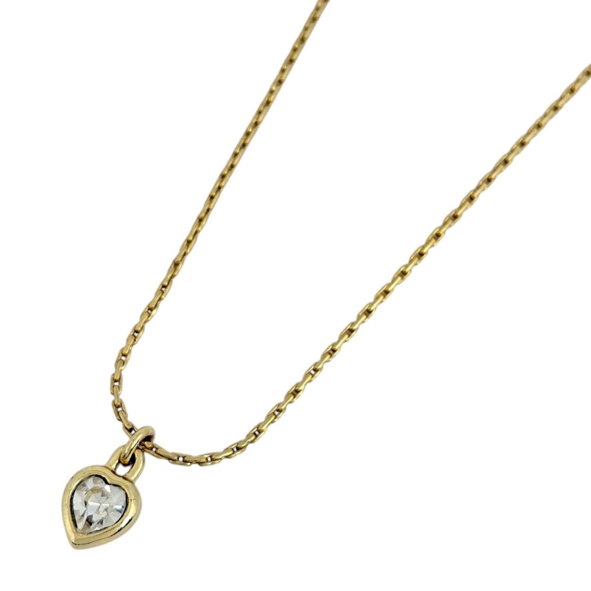 Dior Logo Rhinestone Necklace Heart Motif Gold Plated