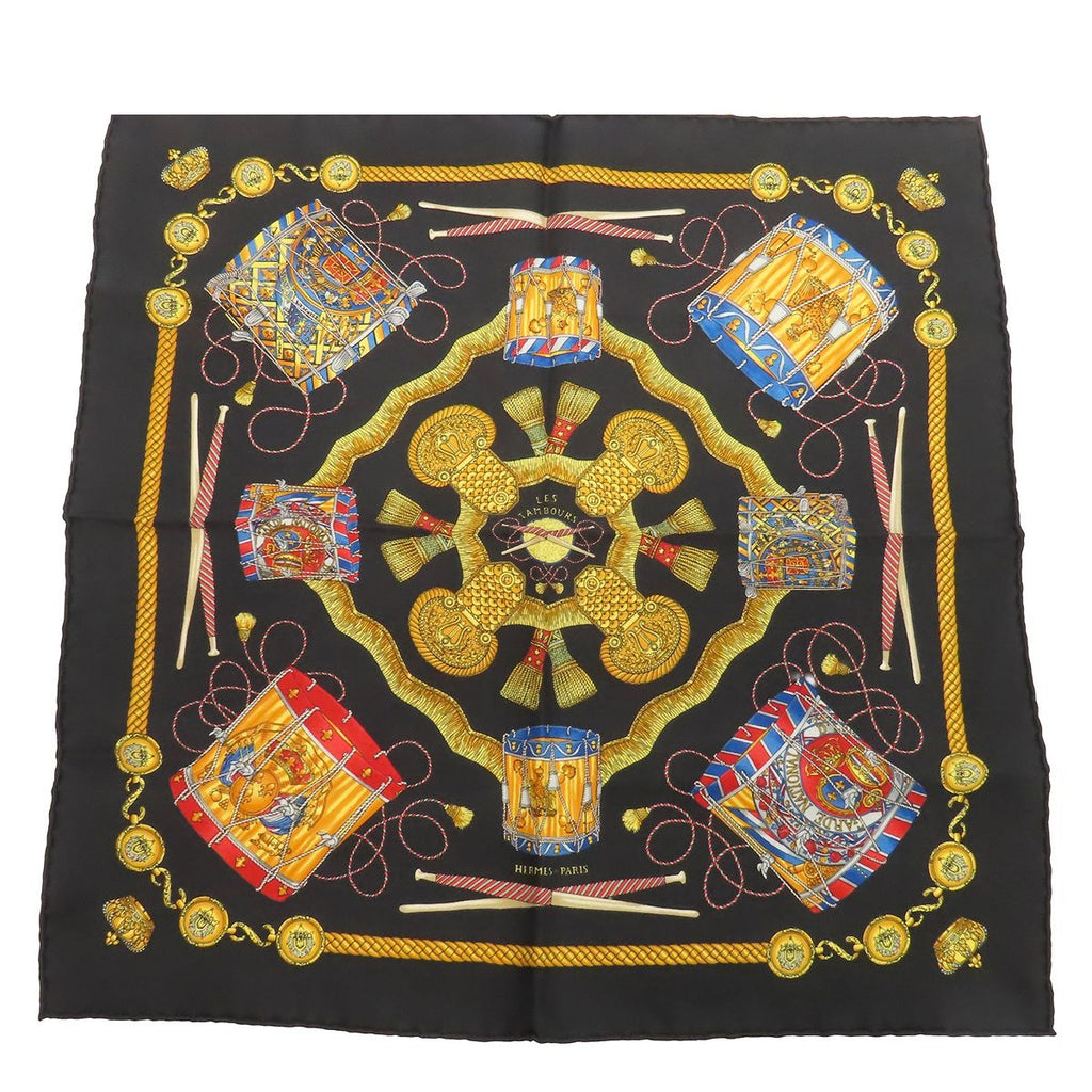 Hermes Petit Carre Black Multicolor Silk les Tambour Drum Scarf