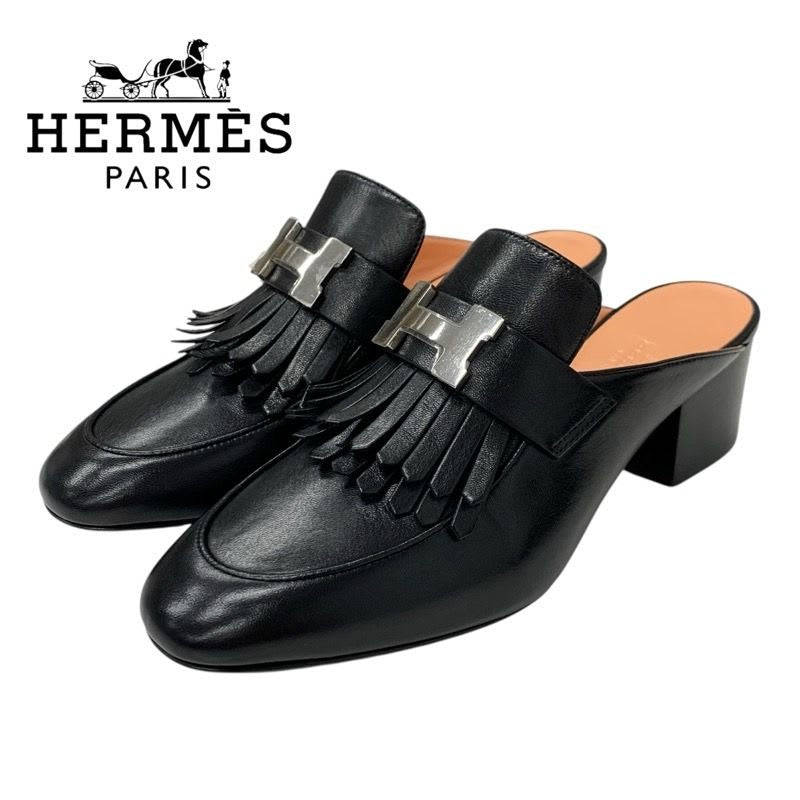 Hermes Cheilly Loafer Leather Shoes Black Silver Hhardware Constance
