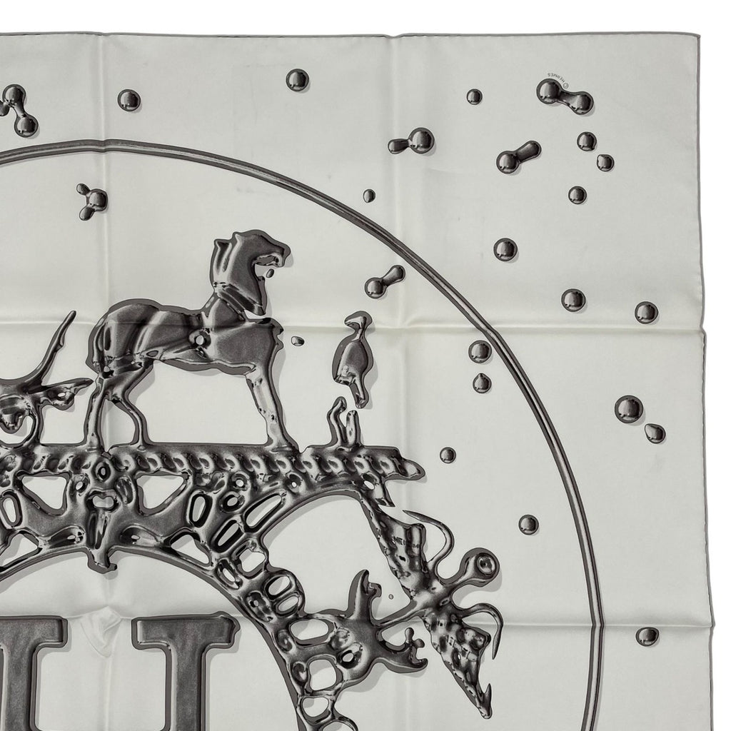 Hermes Scarf Carre 90 100% Silk Vif Argent Silver Drop White — view 3