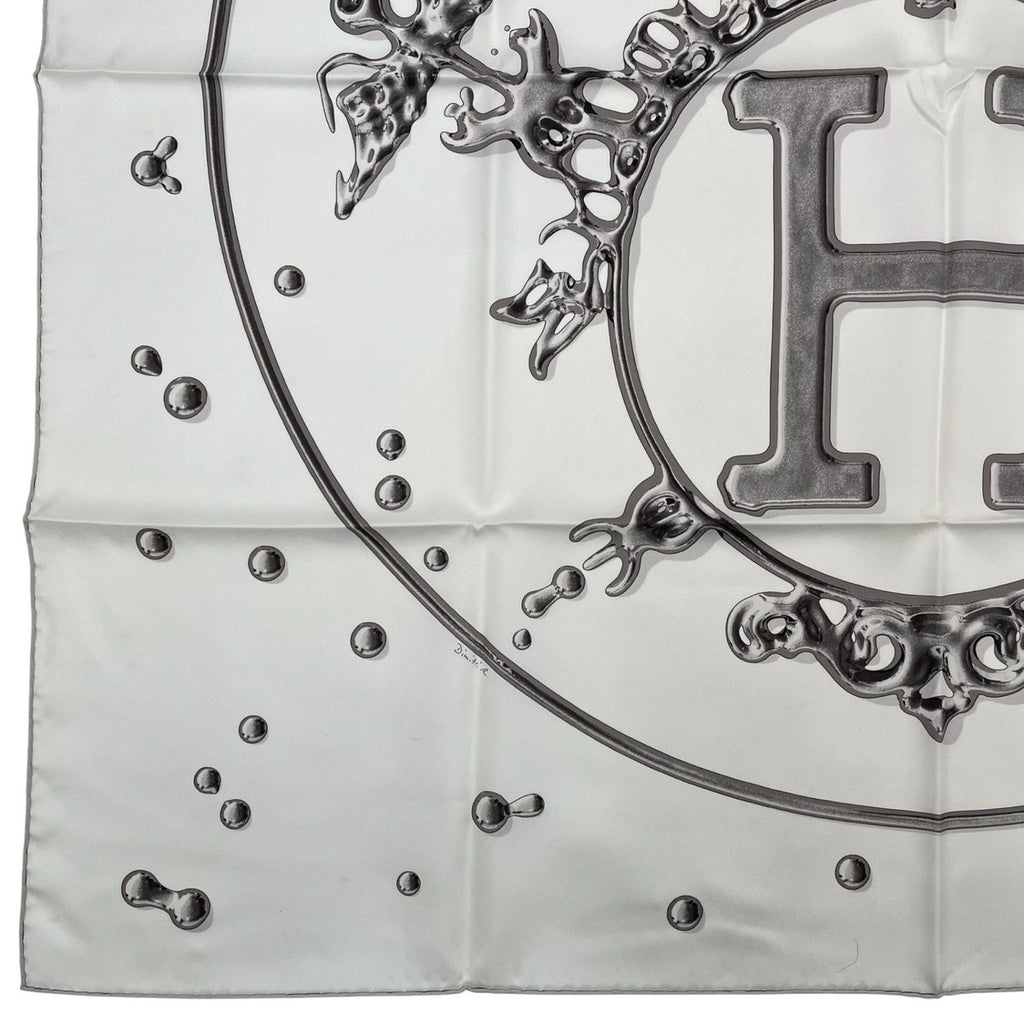 Hermes Scarf Carre 90 100% Silk Vif Argent Silver Drop White — view 4