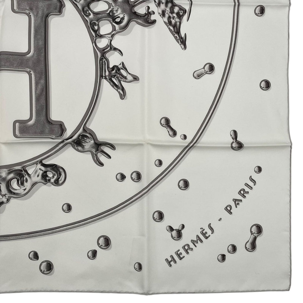Hermes Scarf Carre 90 100% Silk Vif Argent Silver Drop White — view 5