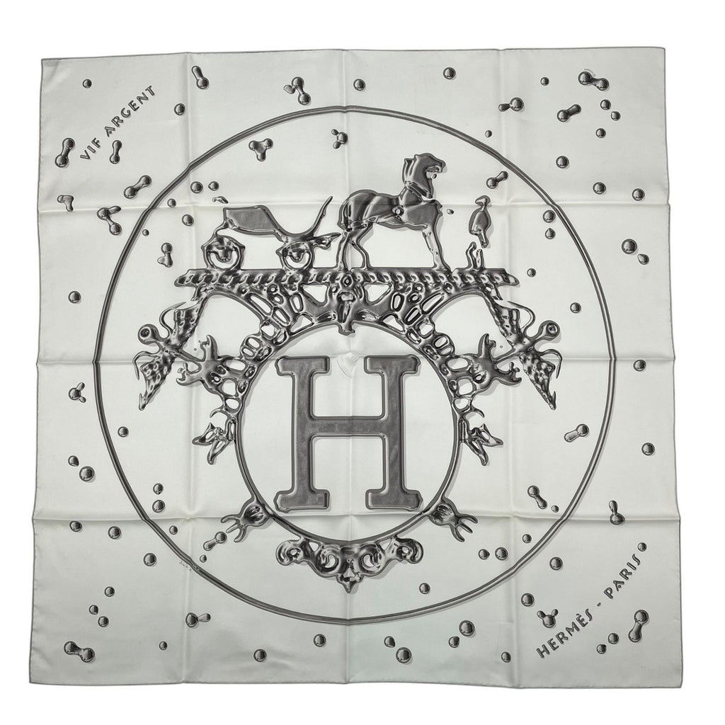 Hermes Scarf Carre 90 100% Silk Vif Argent Silver Drop White