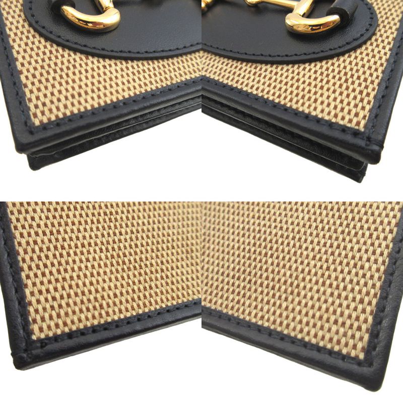 Gucci Horsebit Compact Wallet Canvas Leather Beige Navy Blue Bifold — view 7