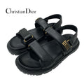 Christian Dioract Sandals Shoes Leather Black Logo Flat