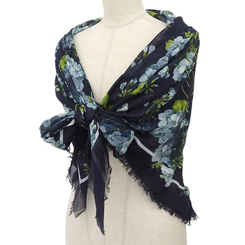 Gucci 2016 Item Floral Silk Rayon Fringe Shawl Scarf Navy — view 2
