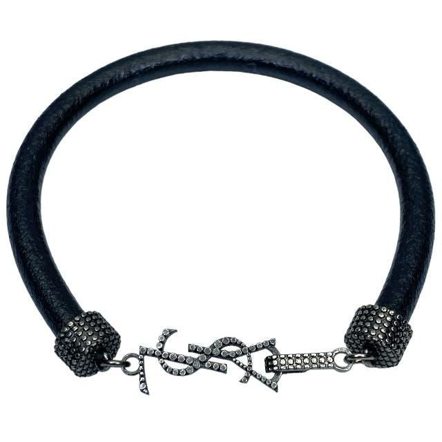 Saint Laurent Opium Bracelet Bangle Jewelry Logo Metal Leather Black