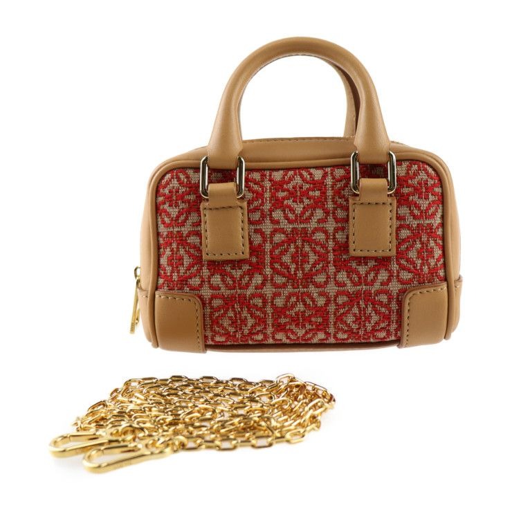 Loewe Amazona Nano Handbag A039 U96 X02 Canvas Calf Leather Red Light Brown