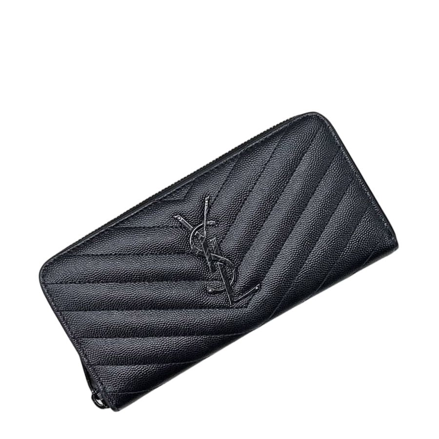 Saint Laurent Zip Around Wallet Black Monogram YSL Gray Leather Paris