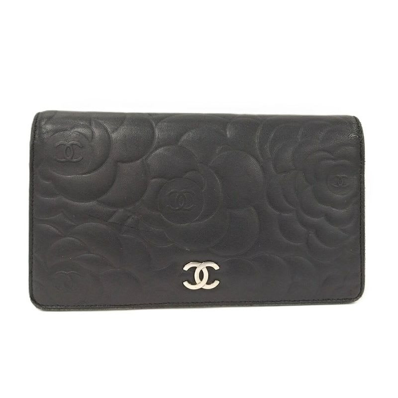 Chanel Camellia Embossed Bifold Long Wallet Leather Black