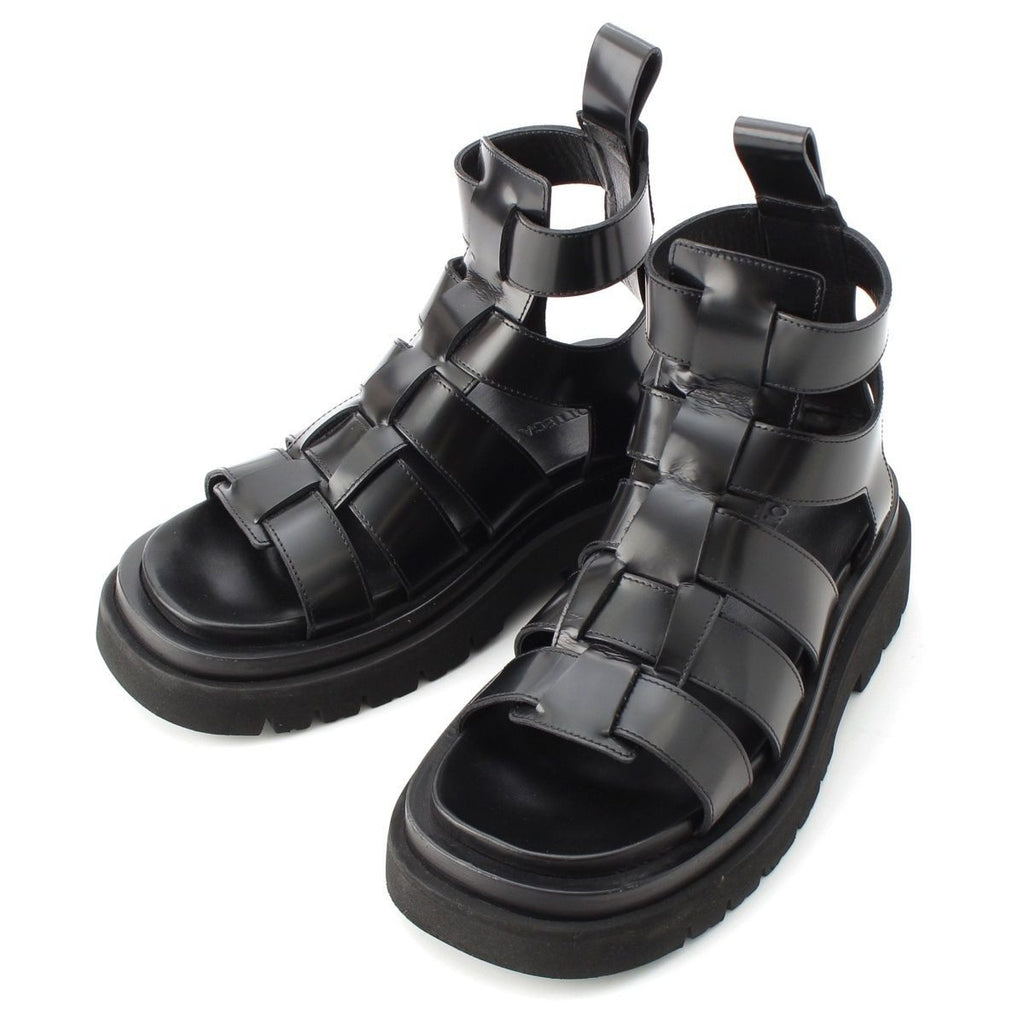 Bottega Veneta Leather Lug Flat Brushed Calf Strap Sandals Black 36