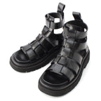 Bottega Veneta Leather Lug Flat Brushed Calf Strap Sandals Black 36