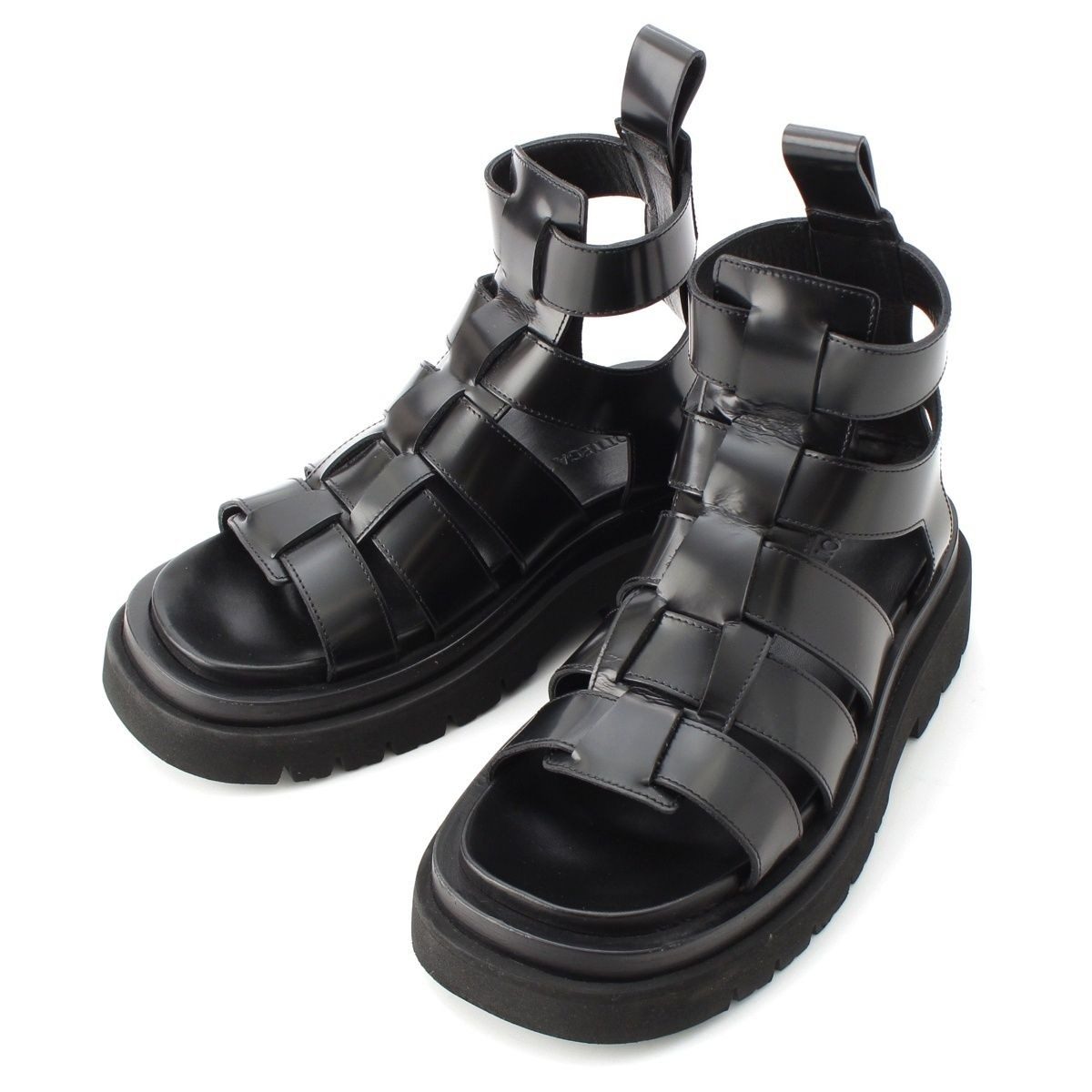 Bottega Veneta Leather Lug Flat Brushed Calf Strap Sandals Black 36