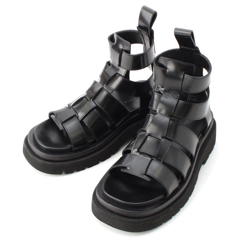 Bottega Veneta Leather Lug Flat Brushed Calf Strap Sandals Black 36
