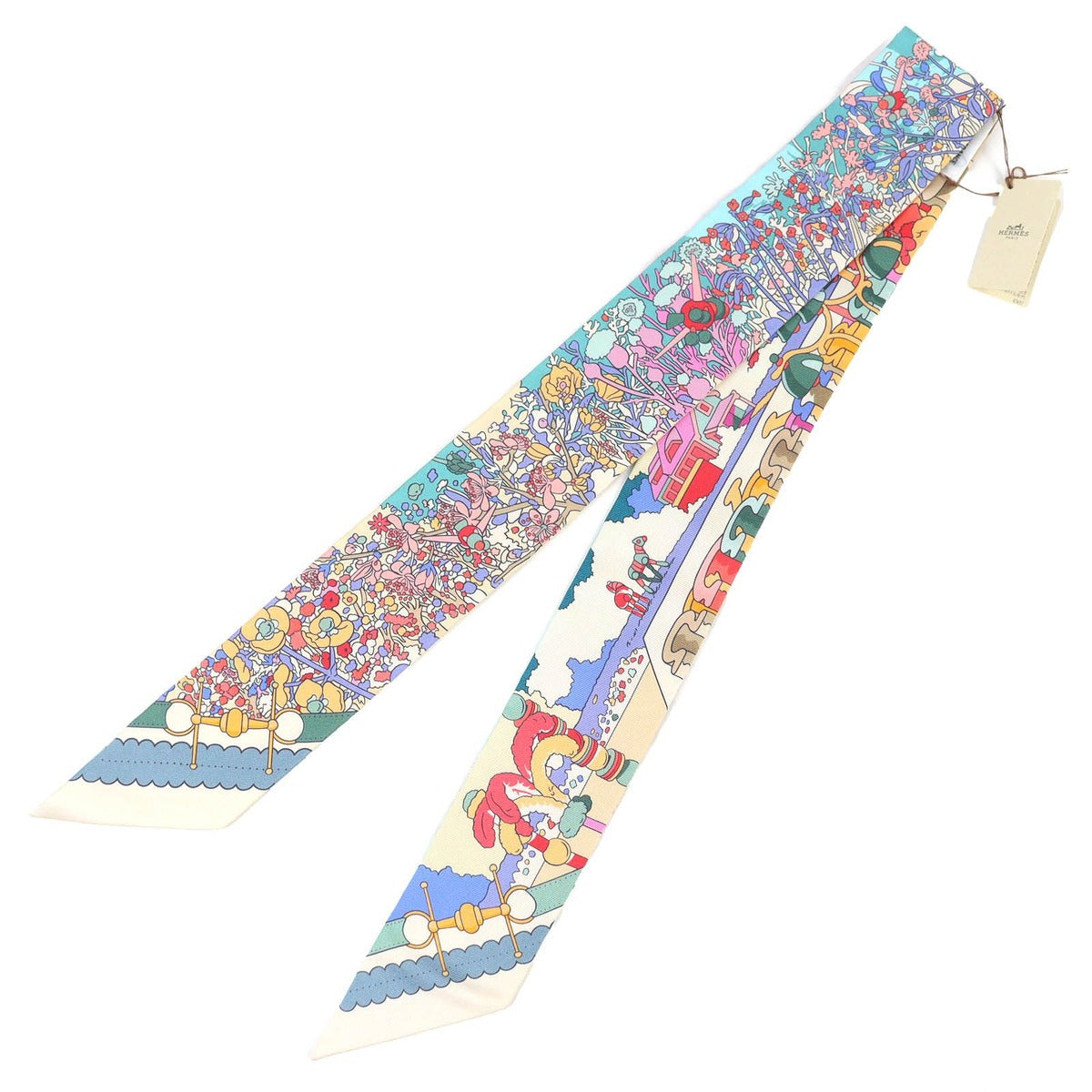 Hermes Twill Pony Pit Stop Silk Cles Pink Green Scarf — view 3