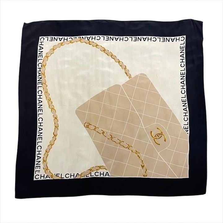 Chanel CC Logo Quilted Scarf Silk Black Beige Large