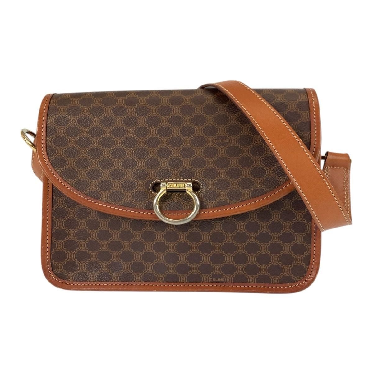 Celine Vintage Macadam Brown Gold Leather Shoulder Bag Pochette