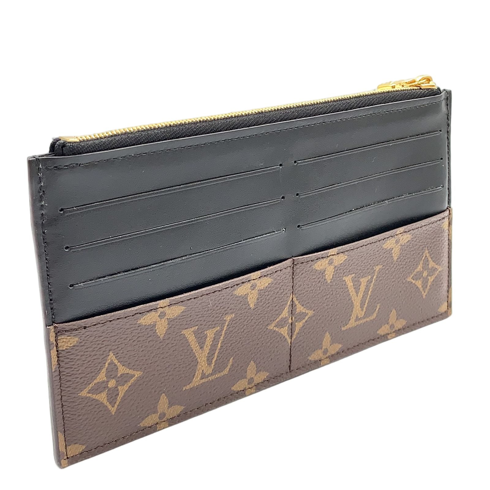 Louis Vuitton Slim Purse Monogram Leather Brown Black Wallet Gold — view 2
