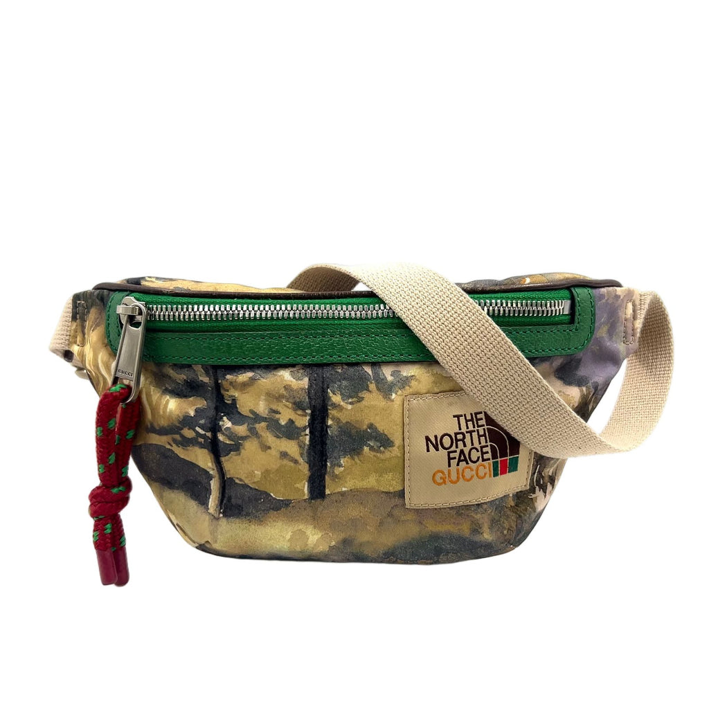 Gucci the North Face Leather Nylon Green Beige Belt Bag Silver