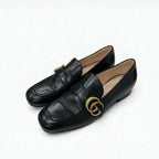 Gucci Loafer Leather Shoes Black Gold Double G GG Marmont