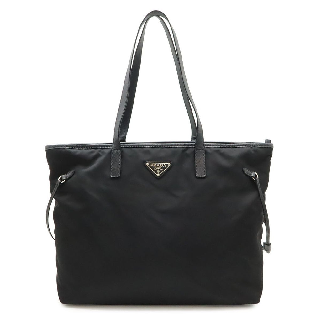 Prada Triangle Logo Tote Large Shoulder Bag Nylon Enamel Leather Nero Black