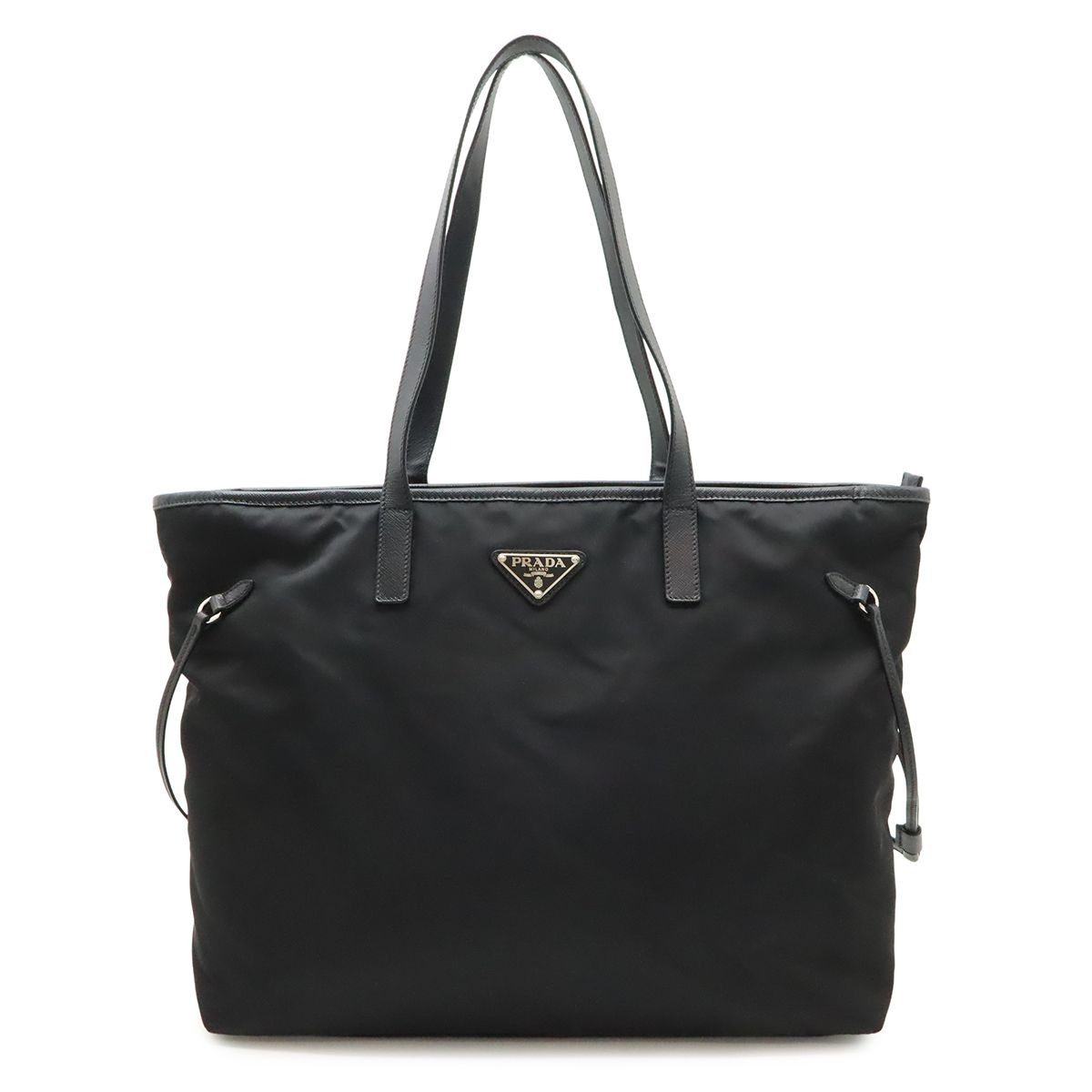 Prada Triangle Logo Tote Large Shoulder Bag Nylon Enamel Leather Nero Black