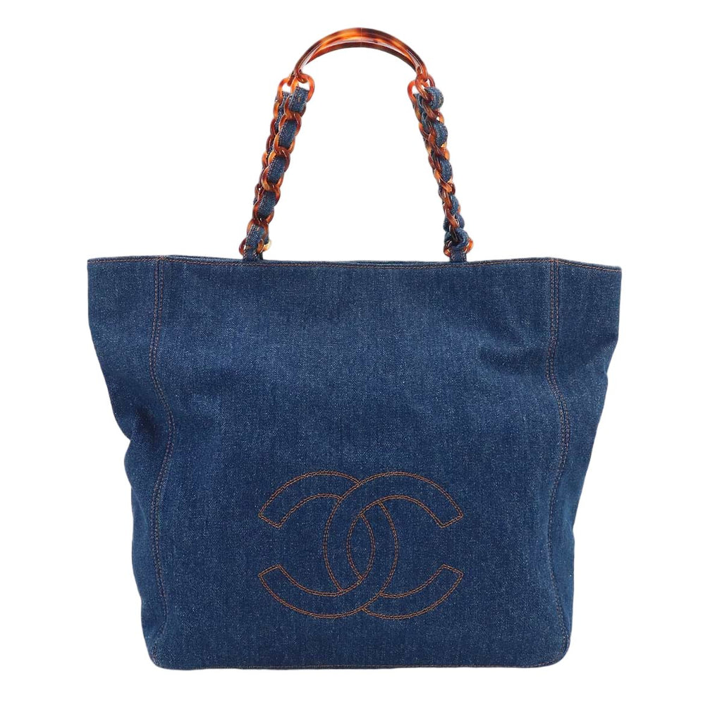 Chanel Tortoiseshell Plastic Chain Tote Denim Blue CC Logo Vintage