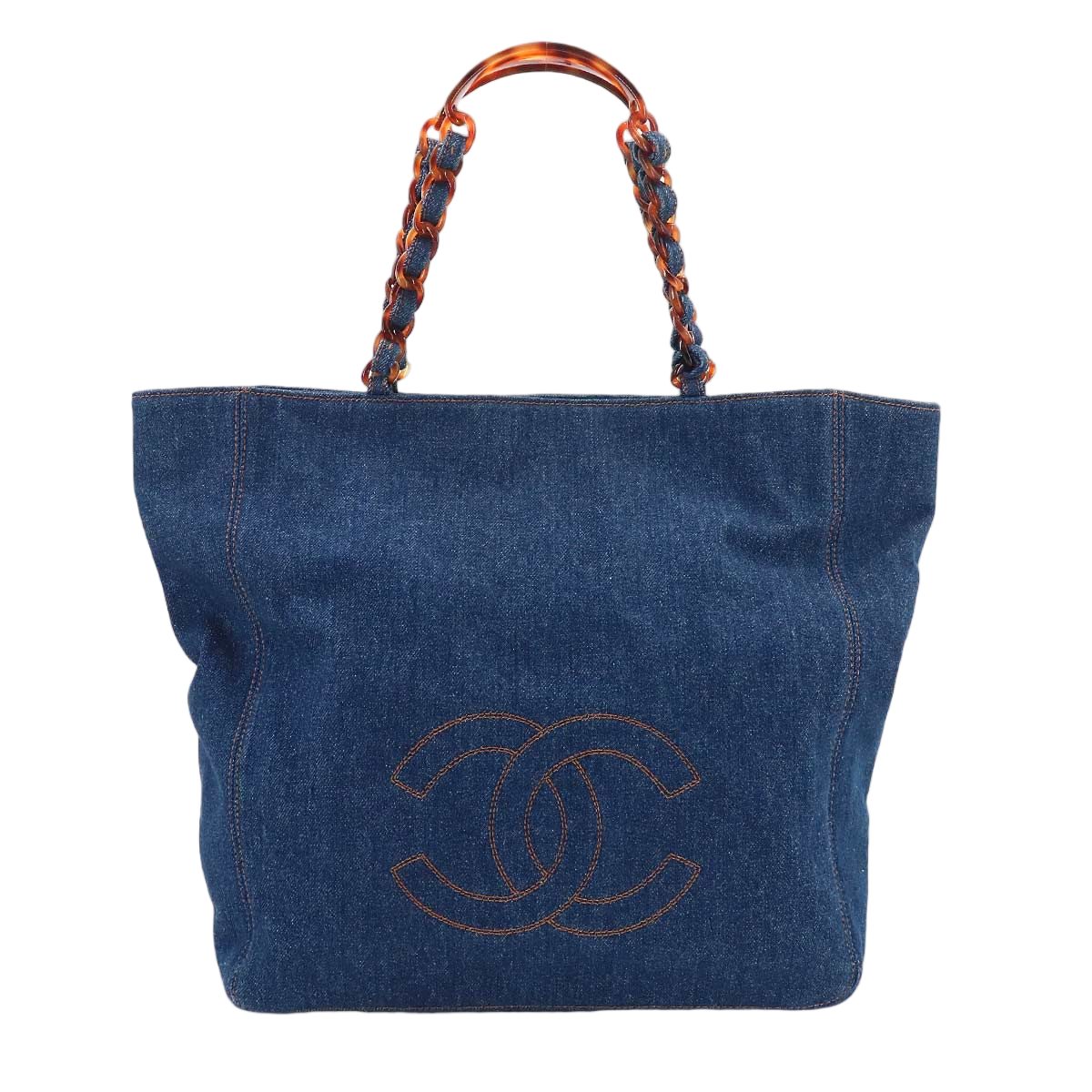 Chanel Tortoiseshell Plastic Chain Tote Denim Blue CC Logo Vintage