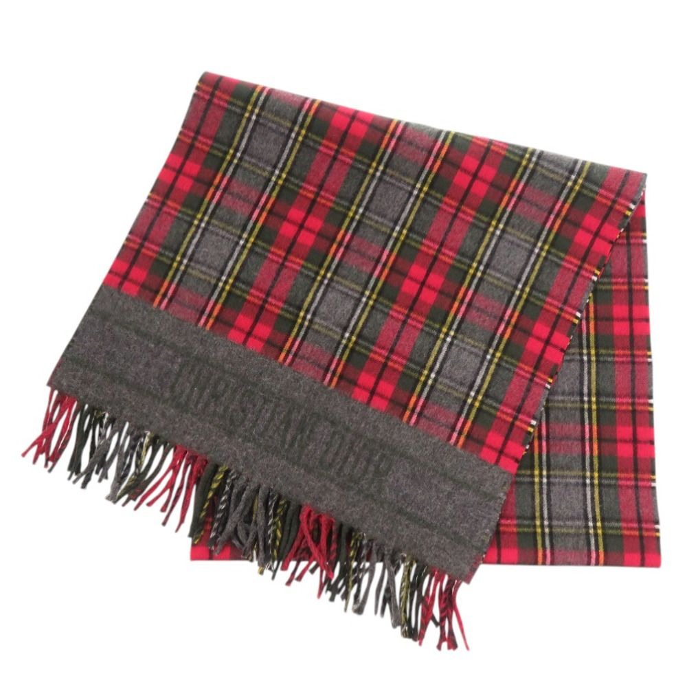 Dior Christian Check Wool Red Large Muffler Shawl Scarf
