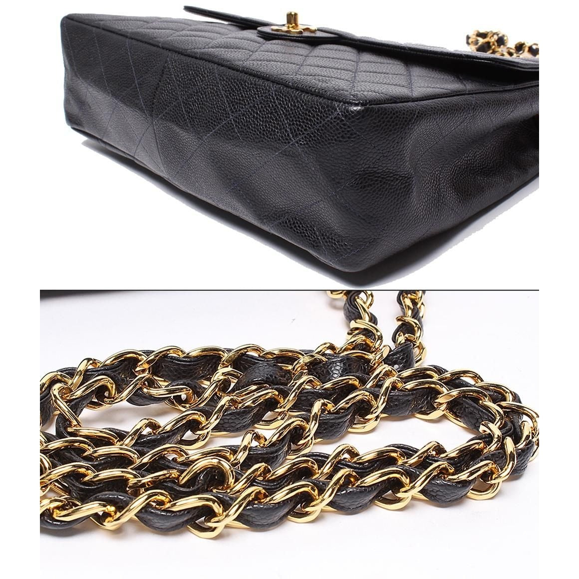 Chanel Chain Shoulder Bag Quilted Caviar Leather Gold Double — view 9