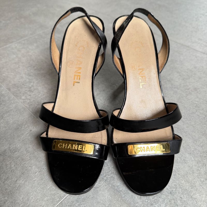 Chanel Logo Sandals Patent Leather Black Gold 37 — view 6