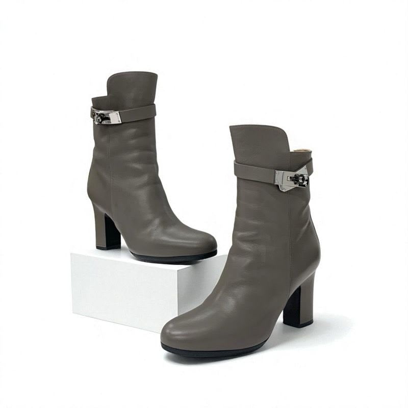 Hermes Boots Short Shoes Leather Grey Silver Kelly Hardware