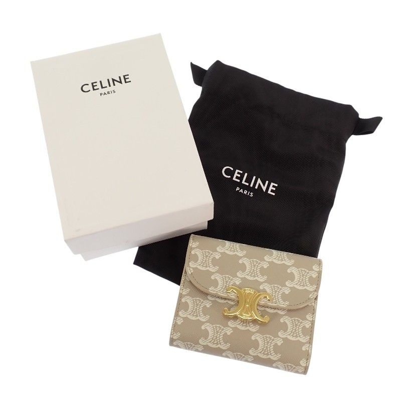 Celine Small Flap Wallet Trifold Polyurethane Beige Gold Triomphe