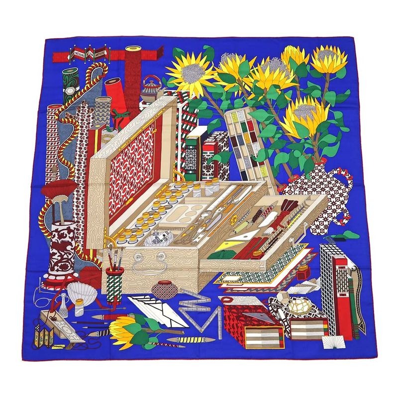 Hermes Carre 140 LES Tresors D UN Artiste Scarf Cashmere Silk Blue