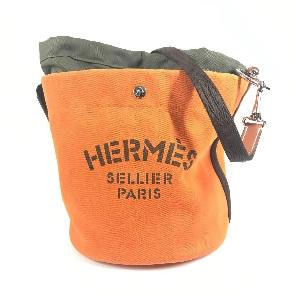 Hermes Shoulder Bag Sac Dopant Sage Bucket Shape Cotton Orange