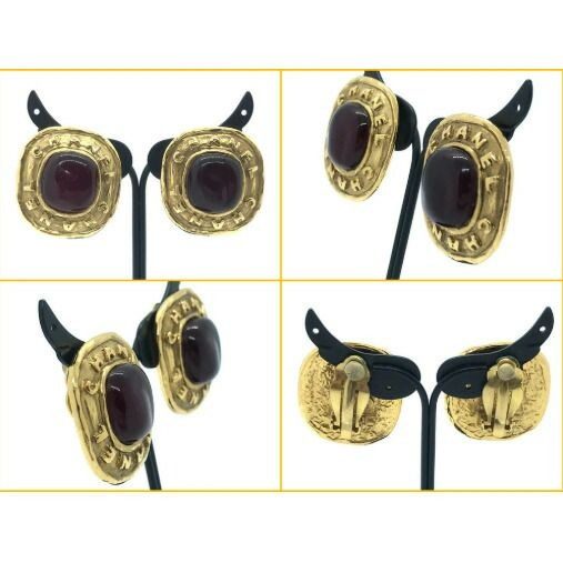 Chanel Vintage Earrings Metal Gold Red Stone — view 2