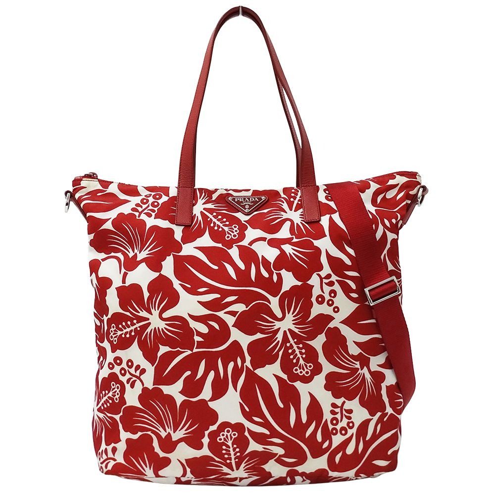 Prada Tote Shoulder Bag 2-Way Nylon Red White Hibiscus Floral Pattern Flower