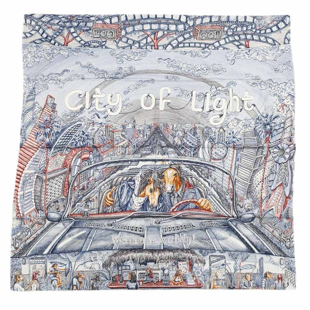 Hermes Carre 90 City of Light Scarf Silk Ardoise White Rouge