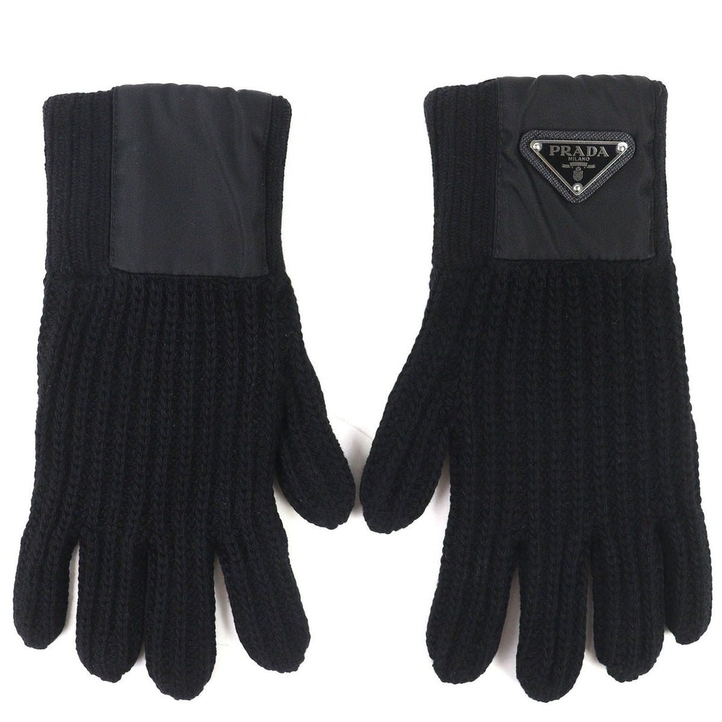 Prada Made Virgin Wool Cashmere Re-Nylon Triangle Logo Plat Rib Knit Gloves — view 2