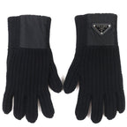 Prada Made Virgin Wool Cashmere Re-Nylon Triangle Logo Plat Rib Knit Gloves — view 2