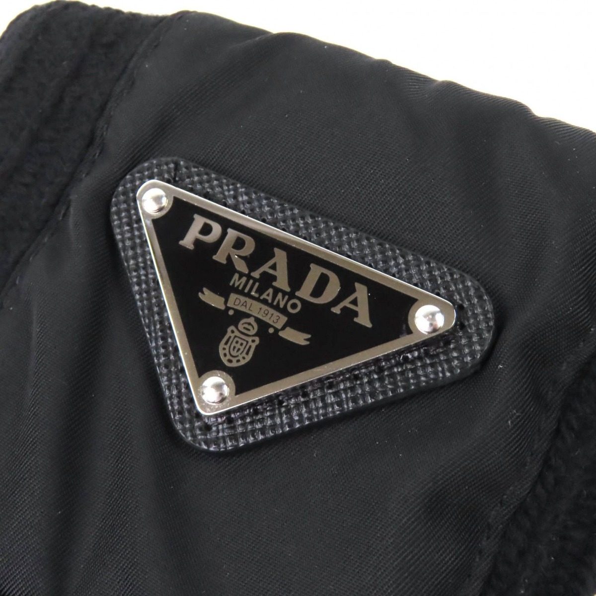 Prada Made Virgin Wool Cashmere Re-Nylon Triangle Logo Plat Rib Knit Gloves — view 5