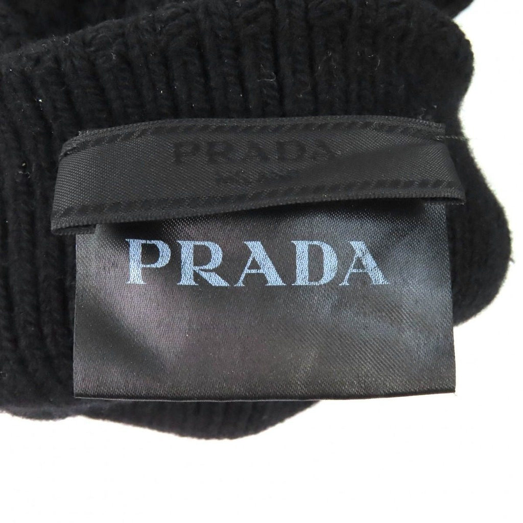 Prada Made Virgin Wool Cashmere Re-Nylon Triangle Logo Plat Rib Knit Gloves — view 6