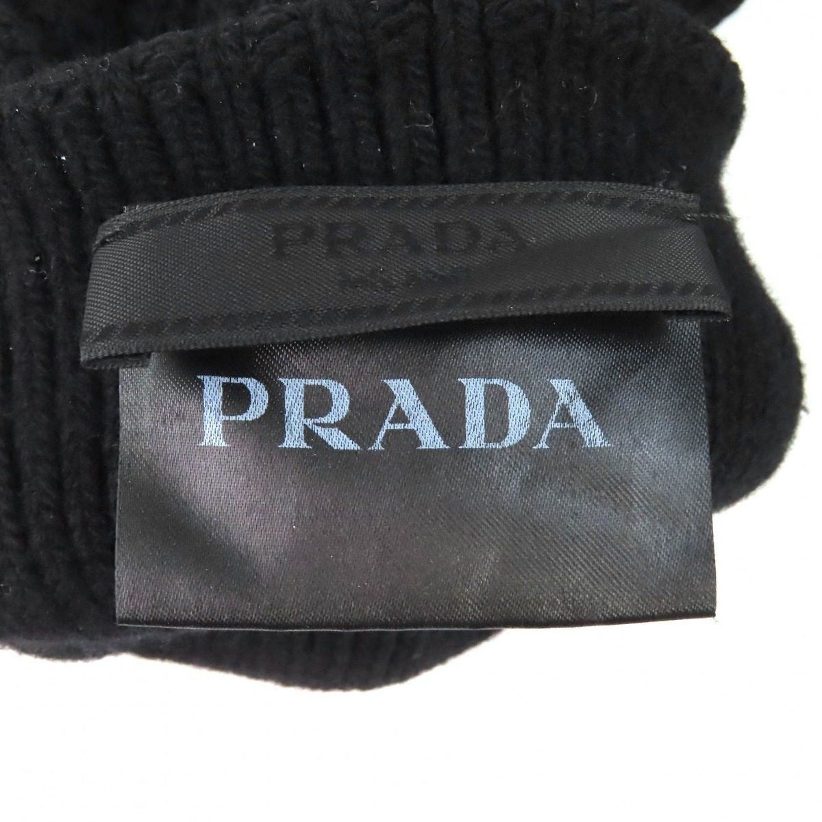 Prada Made Virgin Wool Cashmere Re-Nylon Triangle Logo Plat Rib Knit Gloves — view 6