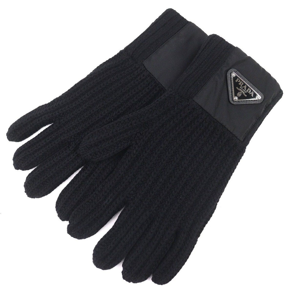 Prada Made Virgin Wool Cashmere Re-Nylon Triangle Logo Plat Rib Knit Gloves