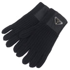 Prada Made Virgin Wool Cashmere Re-Nylon Triangle Logo Plat Rib Knit Gloves