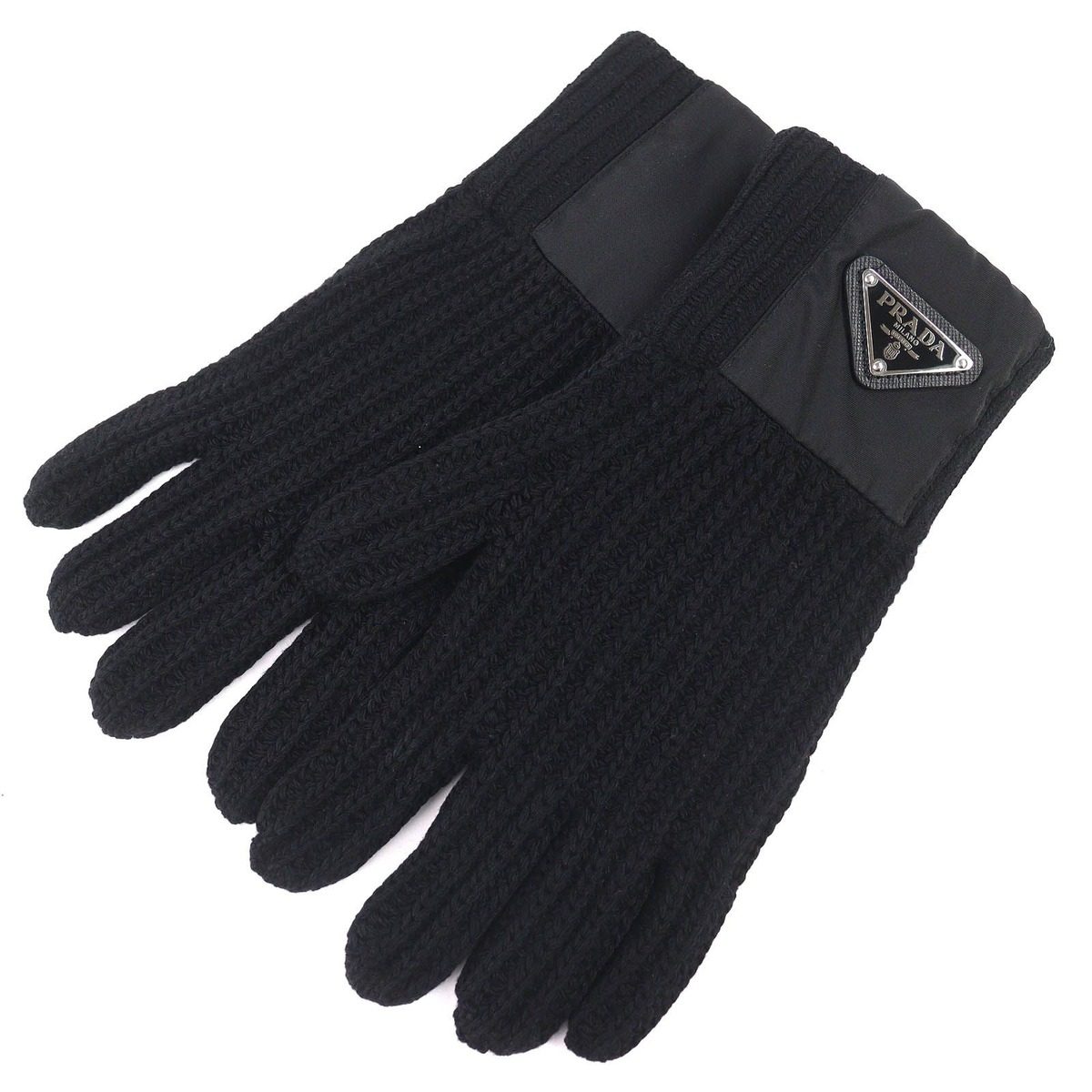 Prada Made Virgin Wool Cashmere Re-Nylon Triangle Logo Plat Rib Knit Gloves